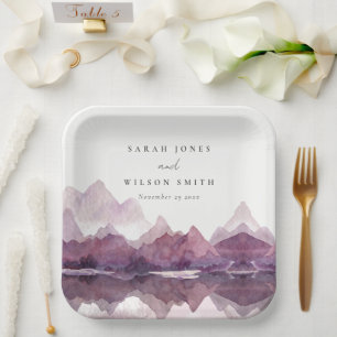 Purple Lilac Watercolor Mountain Lake Wedding Paper Plate