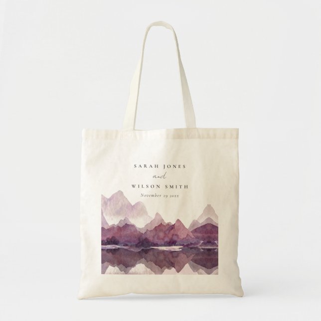 Purple Lilac Watercolor Mountain Lake Wedding Tote Bag (Front)