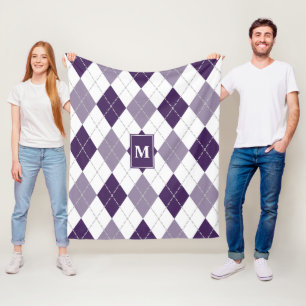 purple lilac white argyle plaid monogrammed fleece blanket