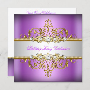 Purple Lilac White Gold Silver Birthday Party Invitation