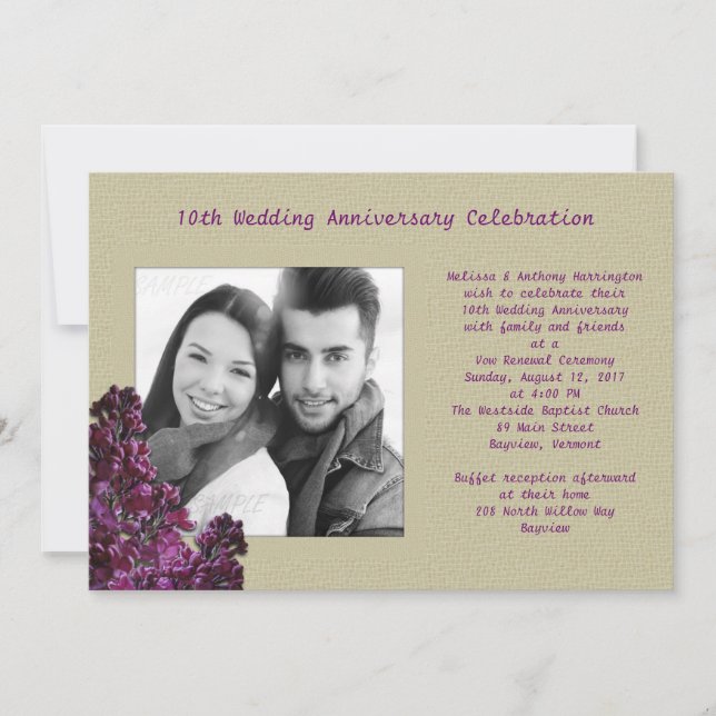 Purple Lilacs and Burlap Photo Vow Renewal Invite (Front)