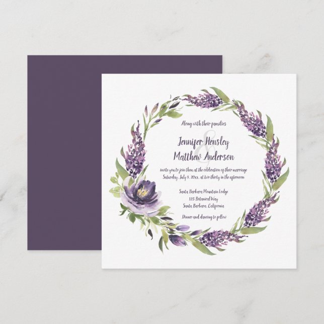 Purple Lilacs and Peonies With Greenery Wreath   | Invitation (Front/Back)