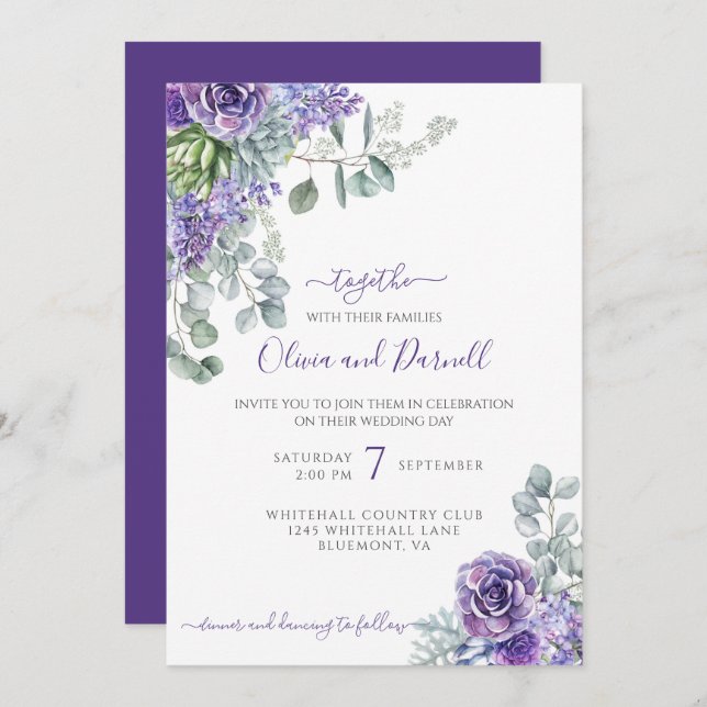 Purple Lilacs & Succulents, Eucalyptus DIY Wedding Invitation (Front/Back)