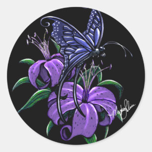 Purple Lillies Blue Butterfly Fantasy Art Stickers