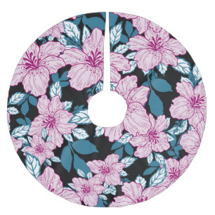 Purple lily, blue leaf background. brushed polyester tree skirt