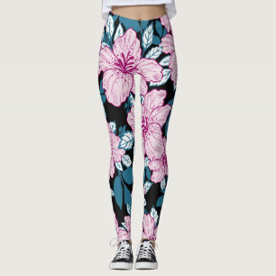 Purple lily, blue leaf background. leggings
