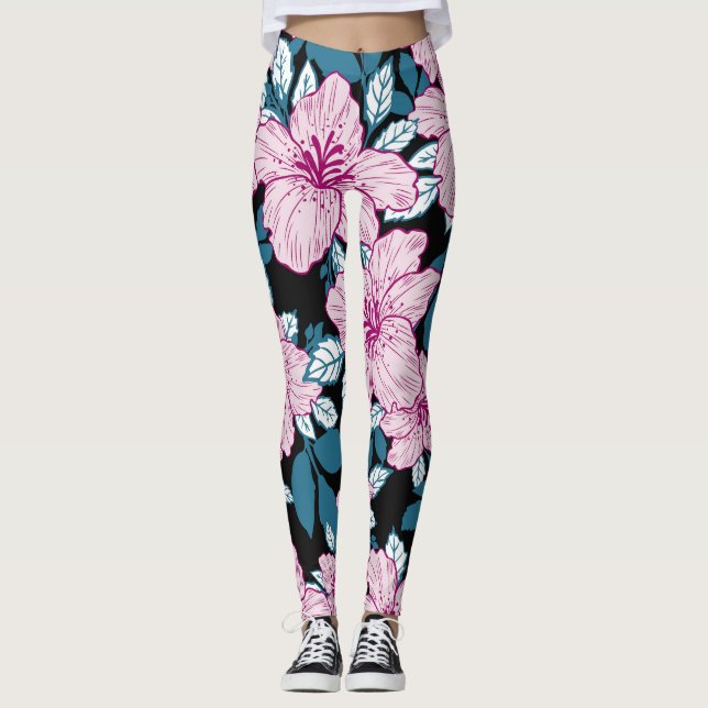 Purple lily, blue leaf background. leggings (Front)
