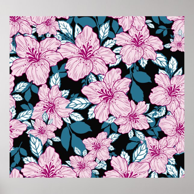 Purple lily, blue leaf background. poster (Front)