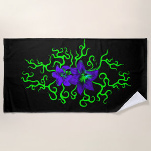 Purple Lily Flower on black Beach Towel