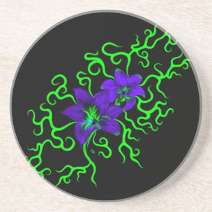 Purple Lily Flower on black Coaster