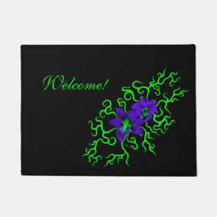 Purple Lily Flower on black Doormat