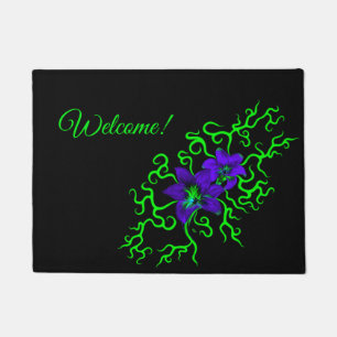 Purple Lily Flower on black Doormat