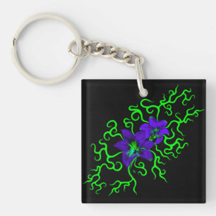 Purple Lily Flower on black Key Ring