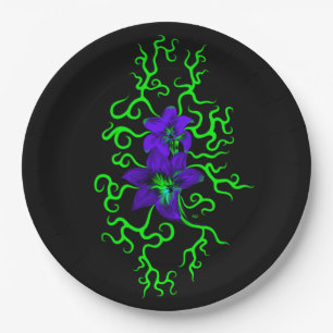Purple Lily Flower on black Paper Plate