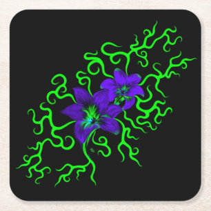Purple Lily Flower on black Square Paper Coaster