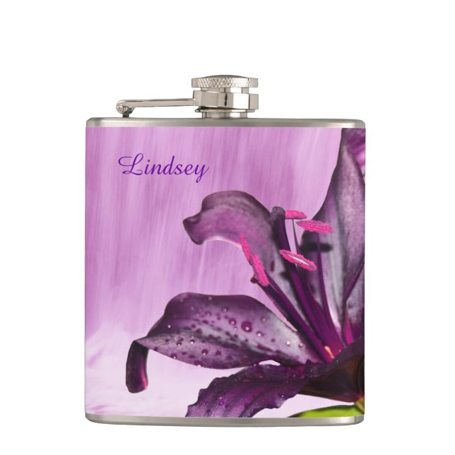 Purple Lily with Waterfall Hip Flask (Front)