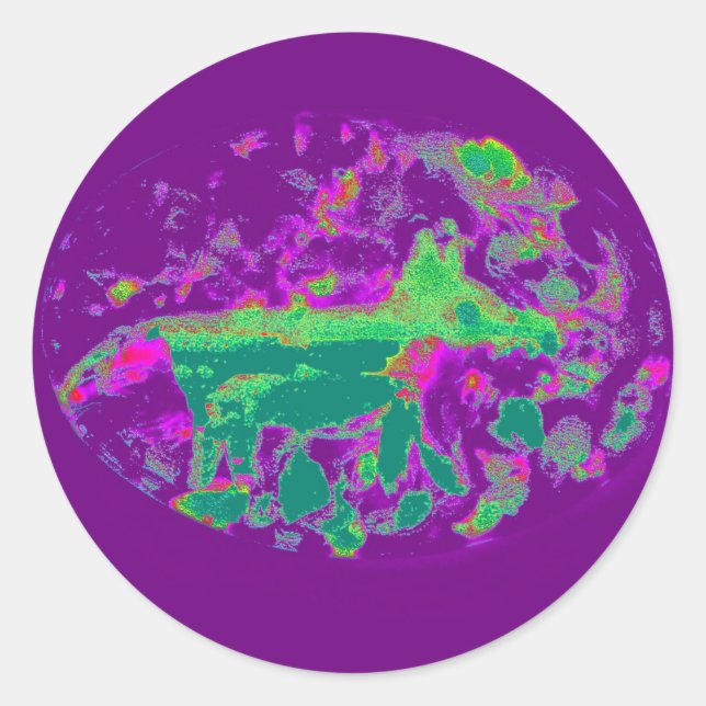 Purple Lime Green Abstract Fox Classic Round Sticker (Front)