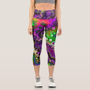 Purple, Lime Green and Black Marble Fluid Art Capri Leggings
