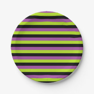 Purple Lime Green and Black Stripes Paper Plate