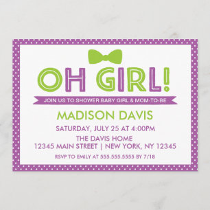 Purple & Lime Green Polka Dot Oh Girl Baby Shower Invitation