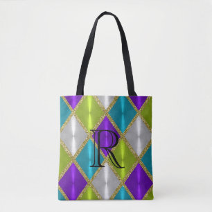 Purple Lime Turquoise Gold Harlequin with Monogram Tote Bag