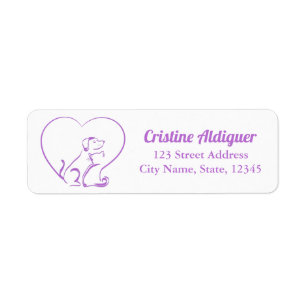 Purple Line Art Cat and Dog with Personalised Name Return Address Label