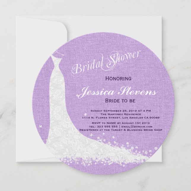 Purple Linen And White Lace Wedding Dress 2 Invitation (Front)