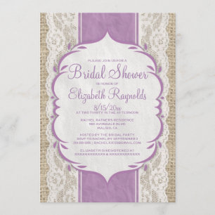 Purple Linen Burlap Lace Bridal Shower Invitations