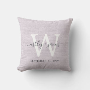 Purple Linen White Monogram Wedding Keepsake Cushion