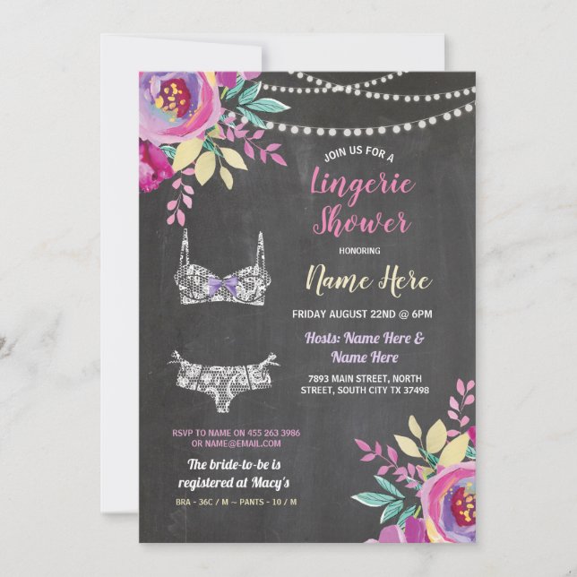 Purple Lingerie Shower Bow Panties Bra Invite (Front)