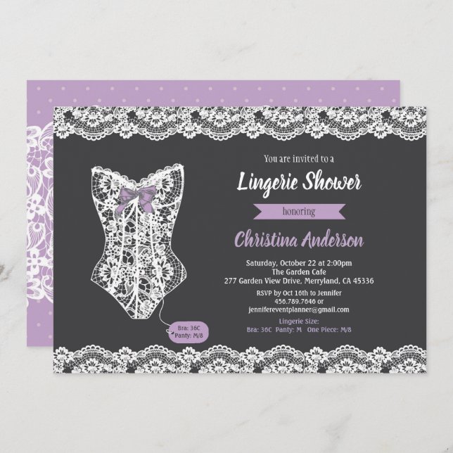 Purple lingerie shower invitation chalkboard lace (Front/Back)