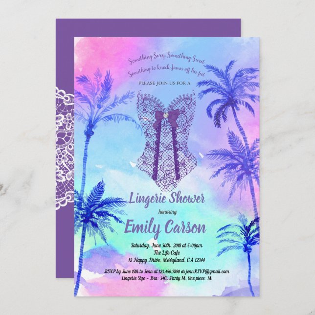 Purple lingerie shower. Tropical bridal party Invitation (Front/Back)