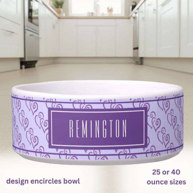 Purple Linked Heart Pattern On Purple Custom Bowl (Purple linked heart pattern encircles the bowl with template text for name.)
