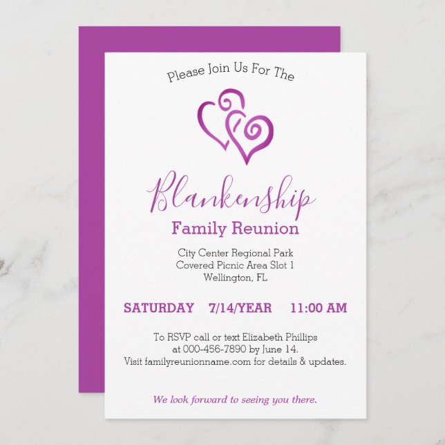 Purple Linked Hearts Family Reunion Template (Front/Back)