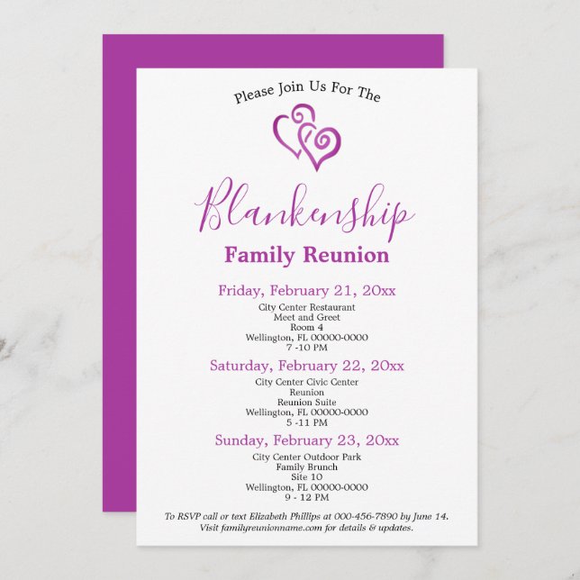 Purple Linked Hearts Family Reunion Template (Front/Back)