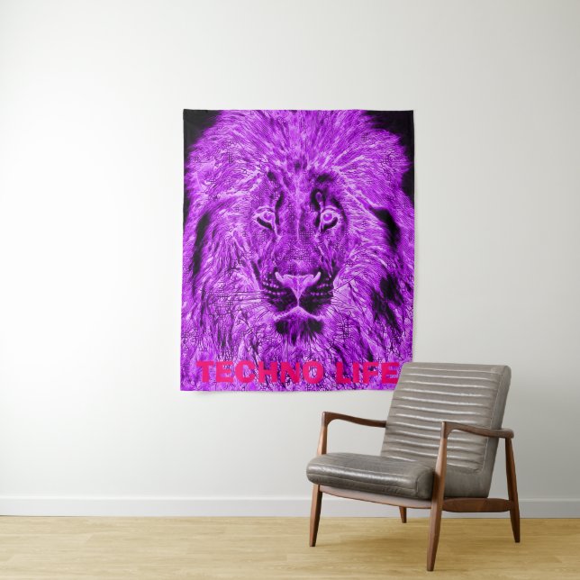 Purple Lion Blacklight Techno Life Tapestry (In Situ)