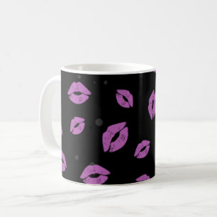Purple Lipstick Kisses on Black Background Pattern Coffee Mug