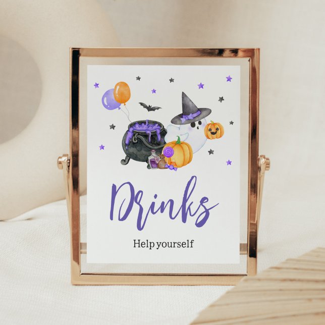 Purple Little Boo Ghost Baby Shower Drinks Poster (Ghost Halloween Baby Shower Drinks Sign)