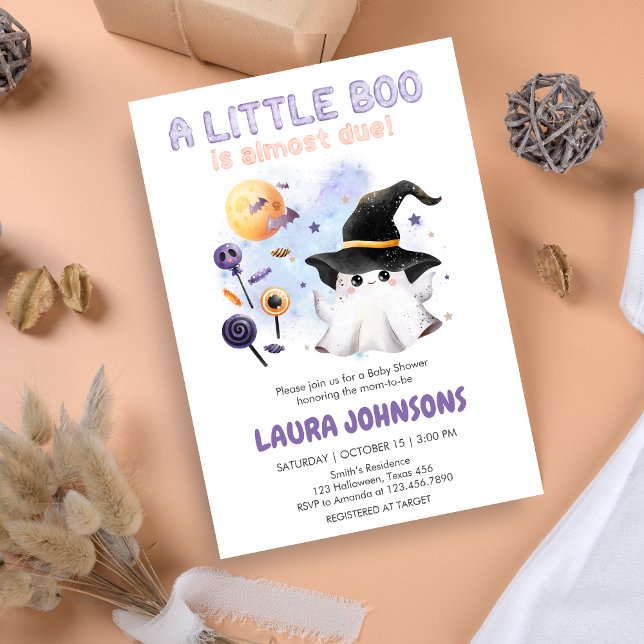 Purple Little Boo Ghost Witch Baby Shower Invitation (Little Boo Halloween Baby Shower Invitation)