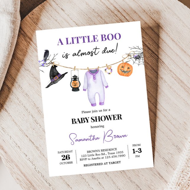 Purple Little Boo Halloween Baby Shower Invitation (Halloween Baby Clothes Baby Shower Invitation
)