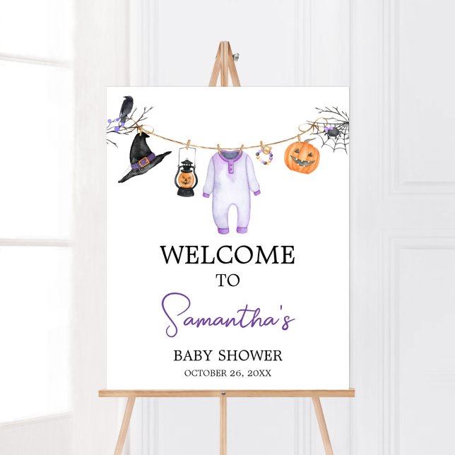 Purple Little Boo Halloween Baby Shower Welcome Poster (Halloween Baby Clothes Baby Shower Welcome Sign)