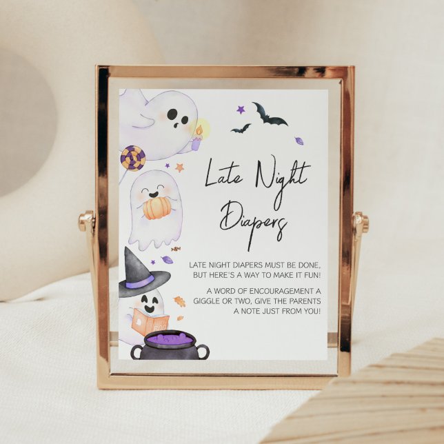 Purple Little Boo Halloween Late Night Diapers Poster (Purple Little Boo Baby Shower Late Night Diapers Sign)