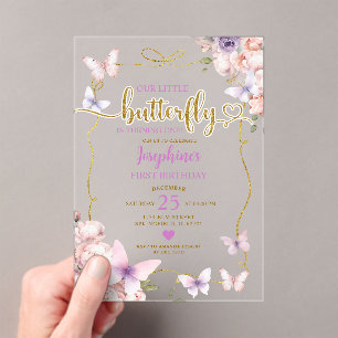 Purple Little Butterfly Pink Floral 1st Birthday Acrylic Invitations