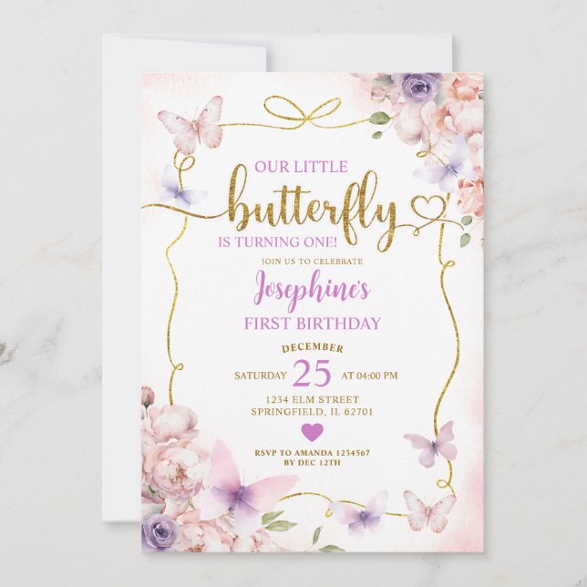 Purple Little Butterfly Pink Floral 1st Birthday Invitation (Front)