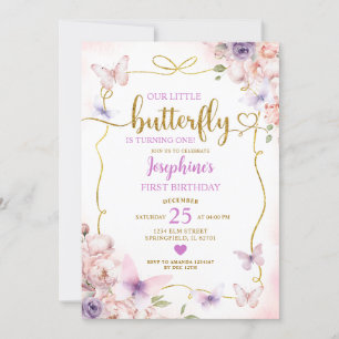 Purple Little Butterfly Pink Floral 1st Birthday Invitation