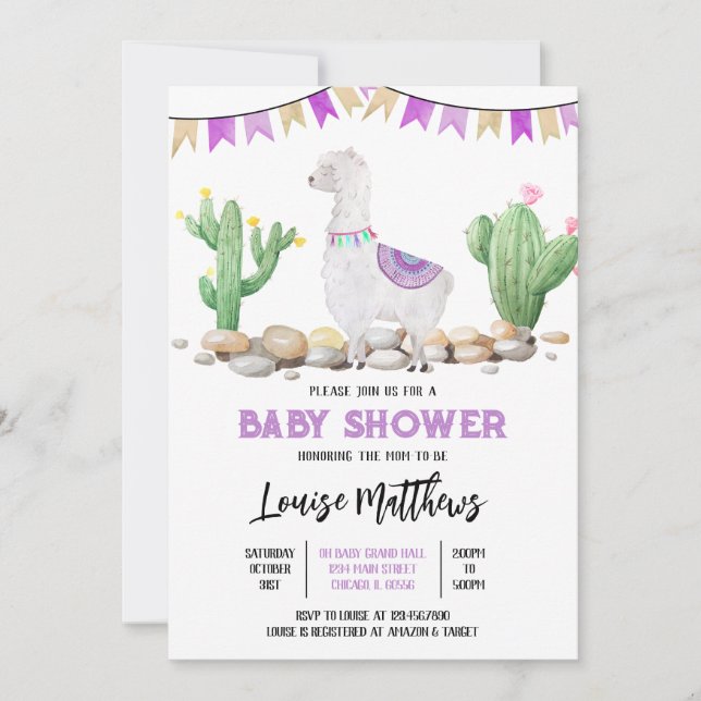 Purple Llama Baby Shower Invitation (Front)