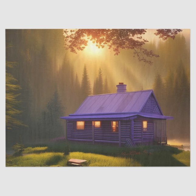 Purple Log Cabin in clearing at daybreak Tissue Paper (Front)