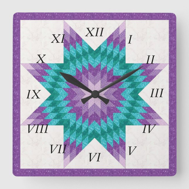 Purple Lone Star Quilt Design Square Wall Clock (Front)
