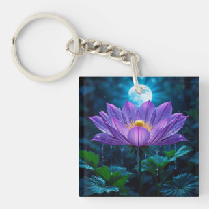 Purple Lotus Blossom Under Moonlit Key Ring