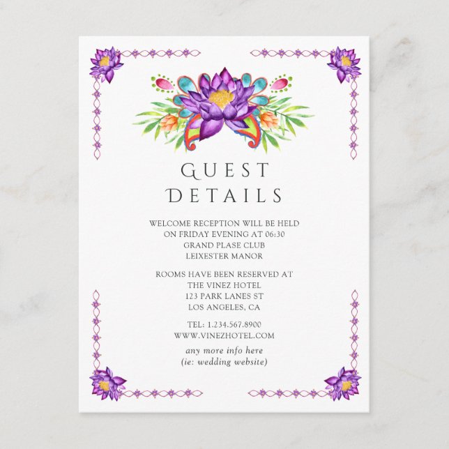 Purple Lotus Flower Indian Wedding Guest Details Enclosure Card (Front)